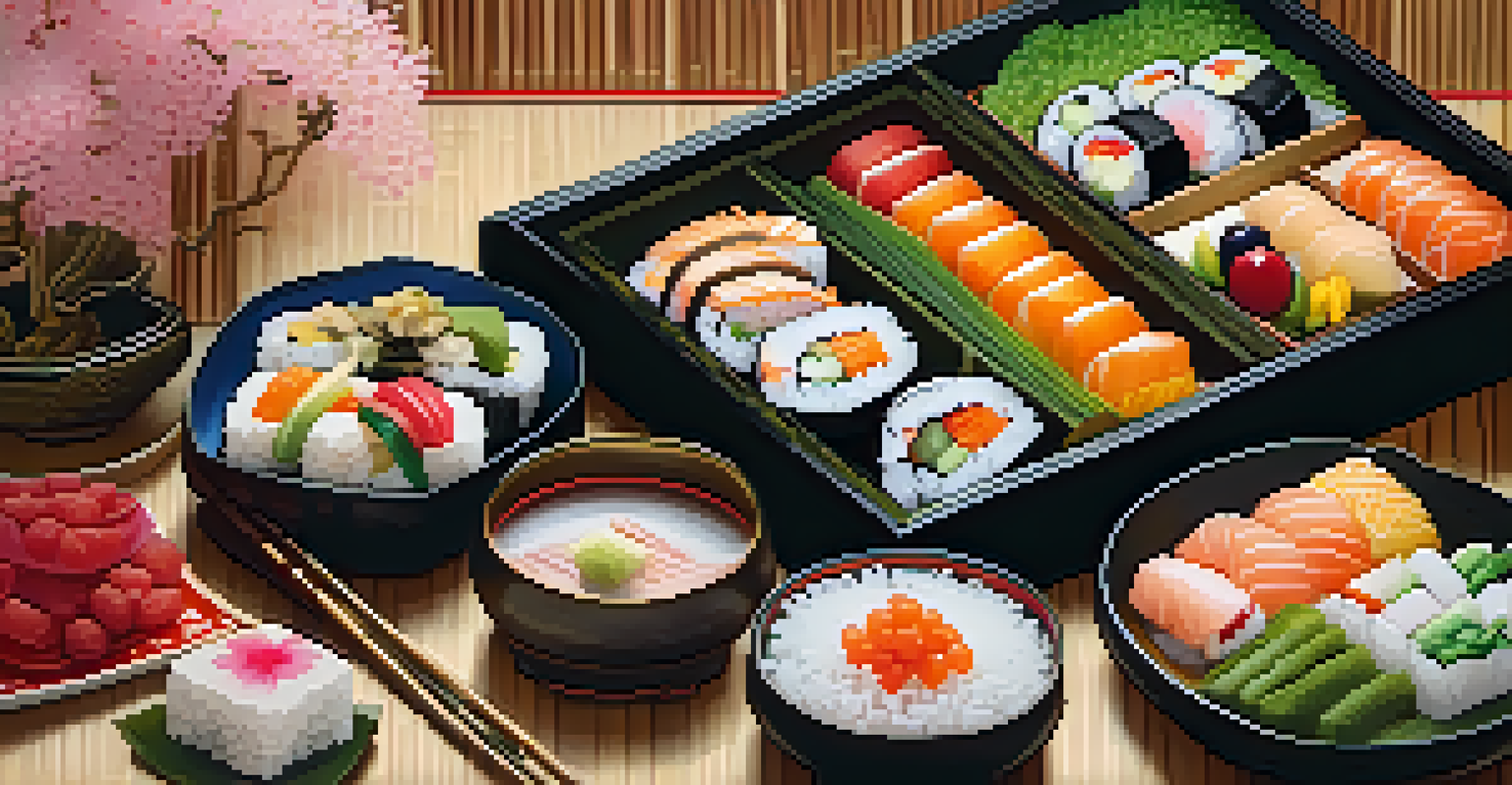 A traditional Japanese bento box filled with sushi, pickled vegetables, and fruits, set on a bamboo mat with cherry blossoms.