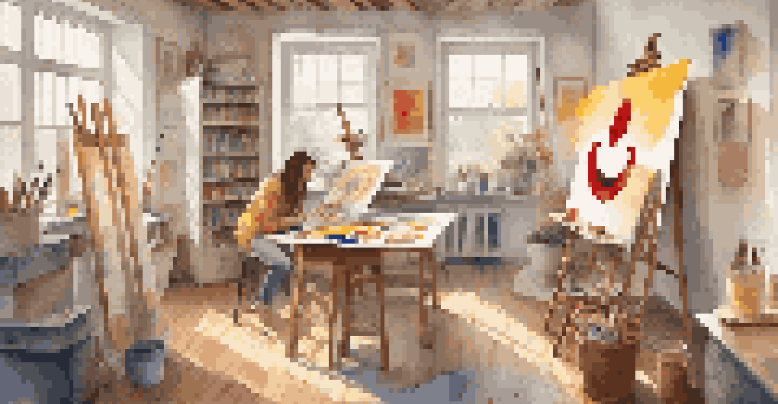 A cozy art studio with an artist painting a smiley face on a canvas, filled with colorful art supplies.