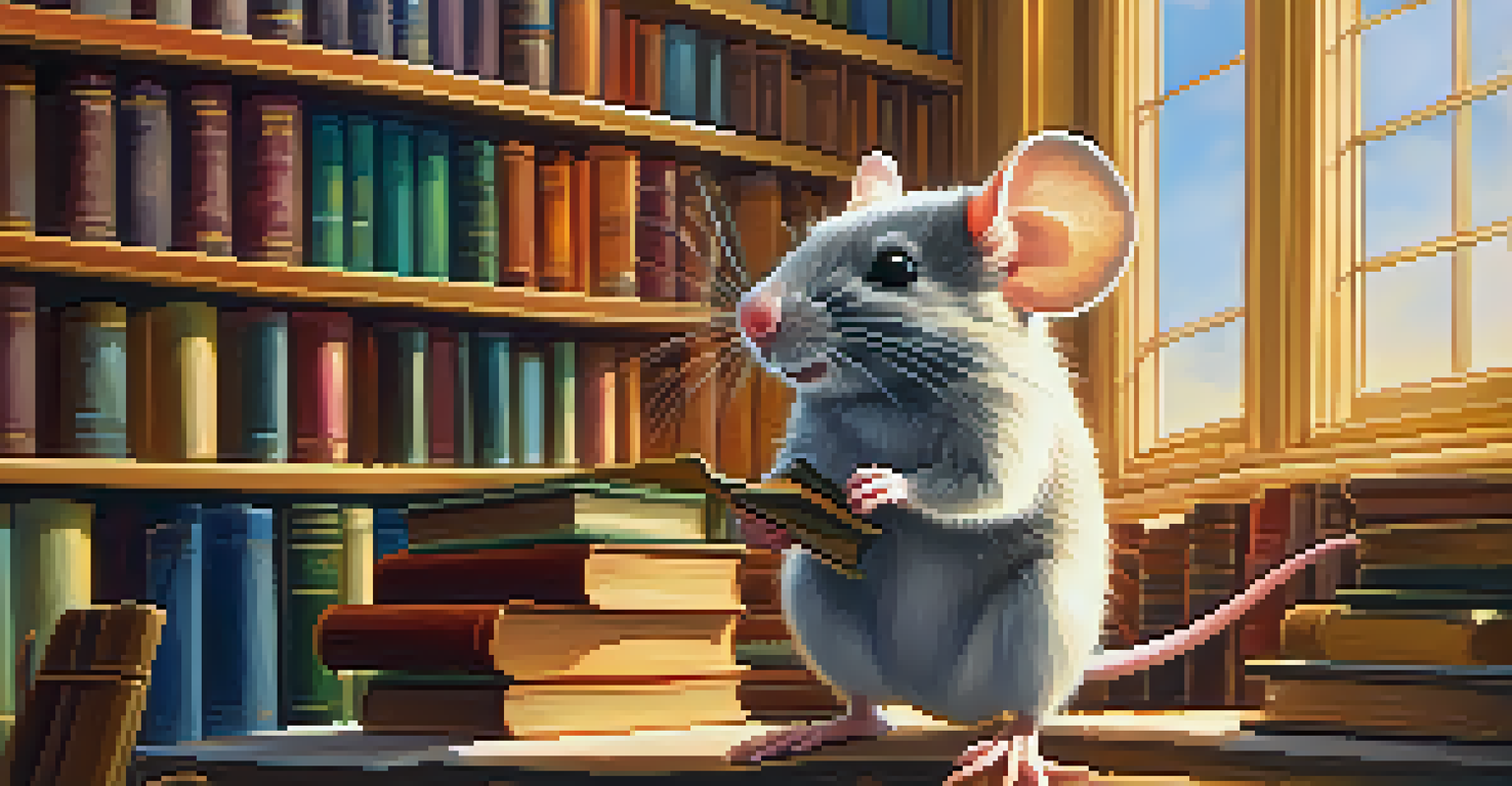 A brave mouse standing on a stack of books in a colorful library, illuminated by warm golden light.