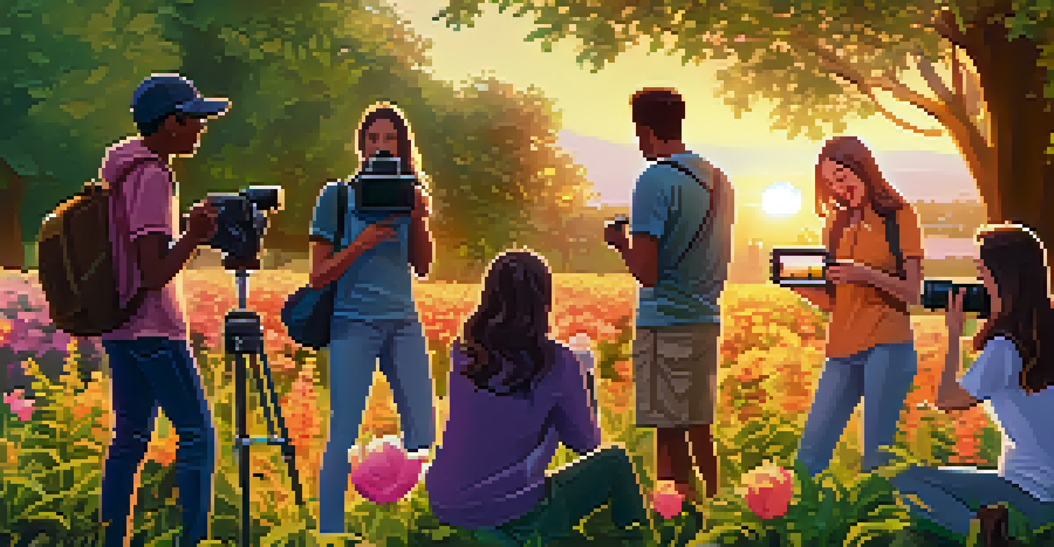 Students collaborating outdoors on a nature photography project, surrounded by flowers and greenery under a colorful sunset.