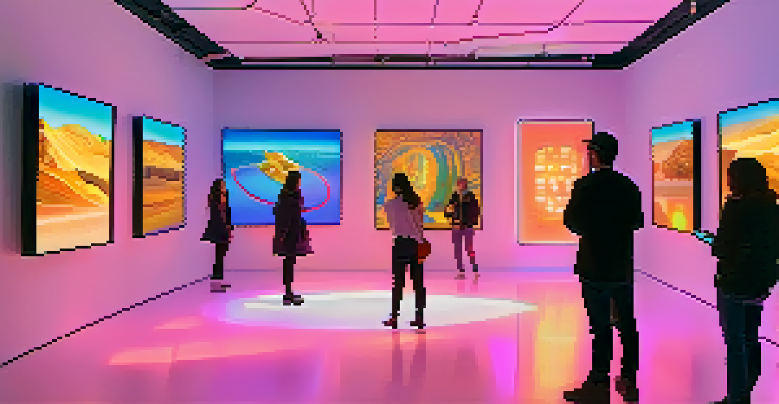 A modern art gallery with digital artworks on screens and visitors engaging with augmented reality installations, illuminated by colorful lights.
