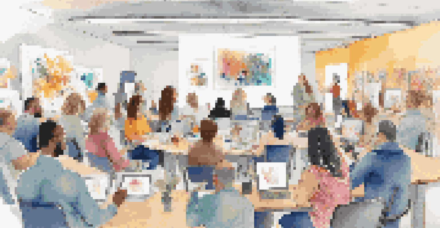 A group of diverse artists in an online meeting sharing feedback, surrounded by art supplies and colorful sketches, creating a collaborative environment.