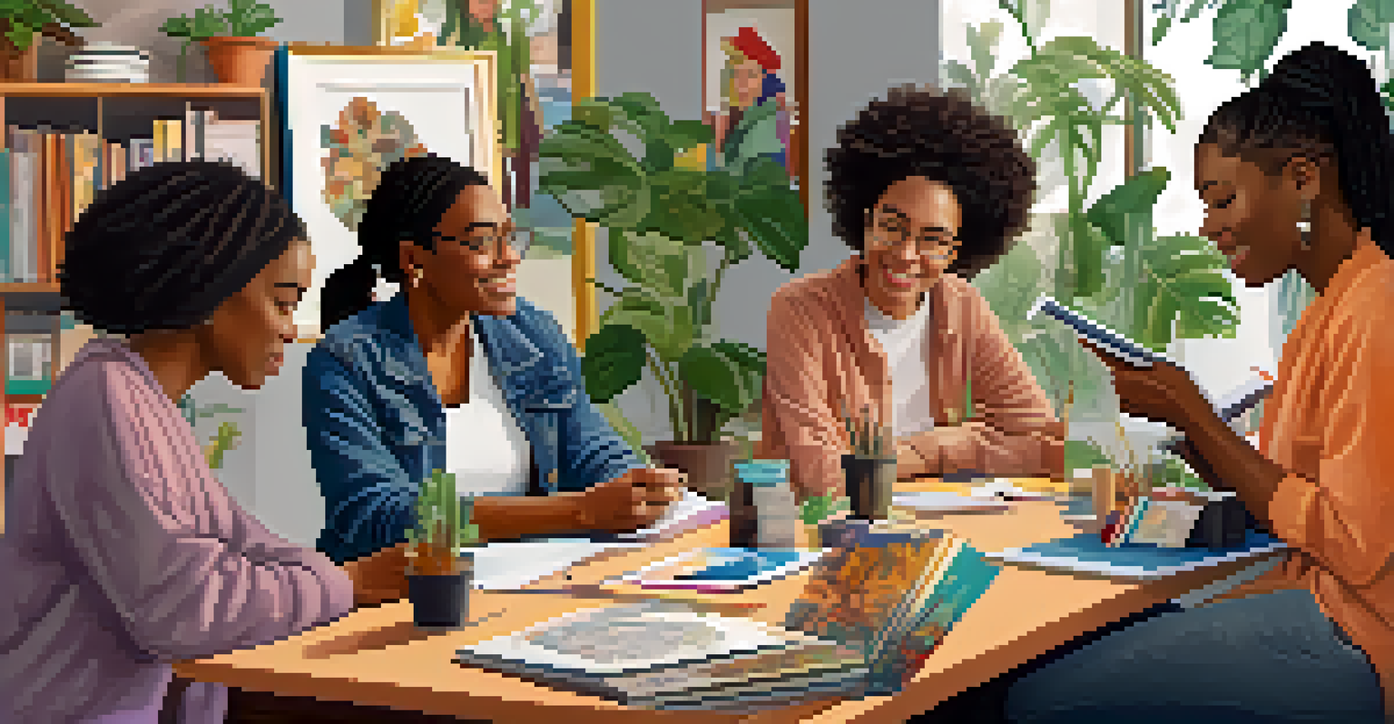 A diverse group of women artists discussing their projects at a table in a cozy community space.