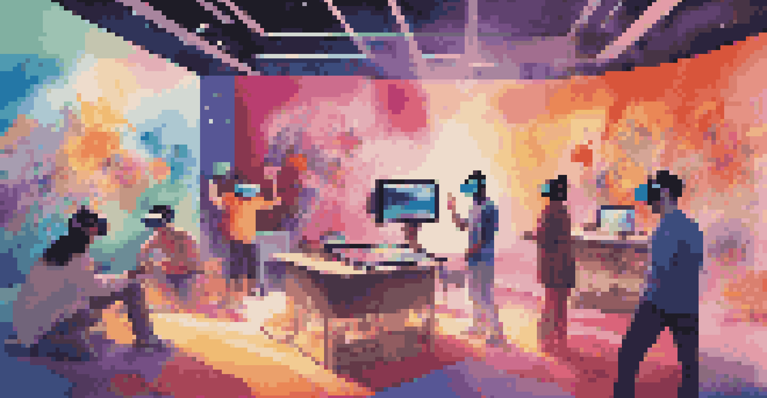 A colorful virtual reality art studio with artists in VR headsets collaborating in a digital environment.