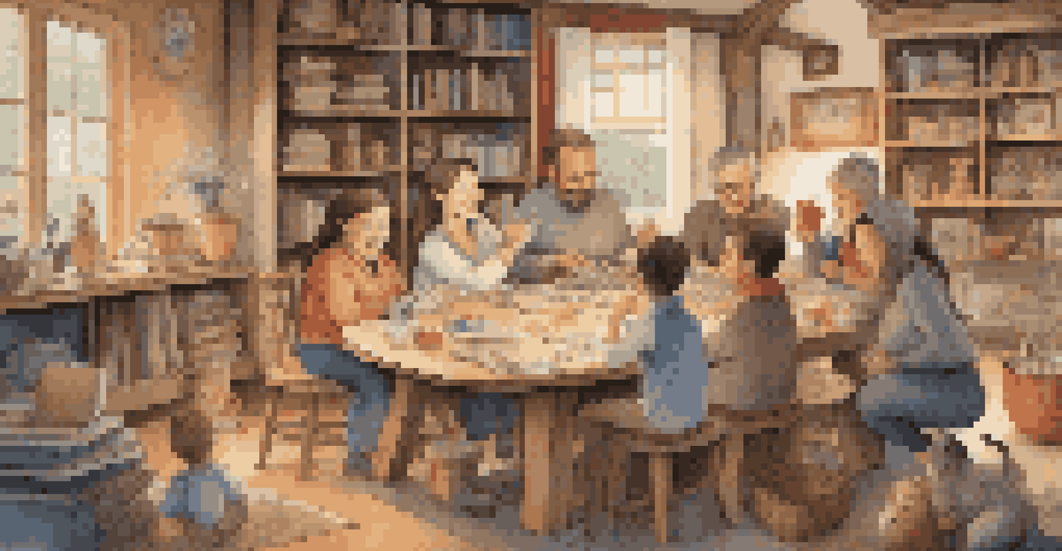 A family gathered around a table, creating versions of a folktale with art supplies, smiling and engaged, surrounded by bookshelves filled with folklore books.