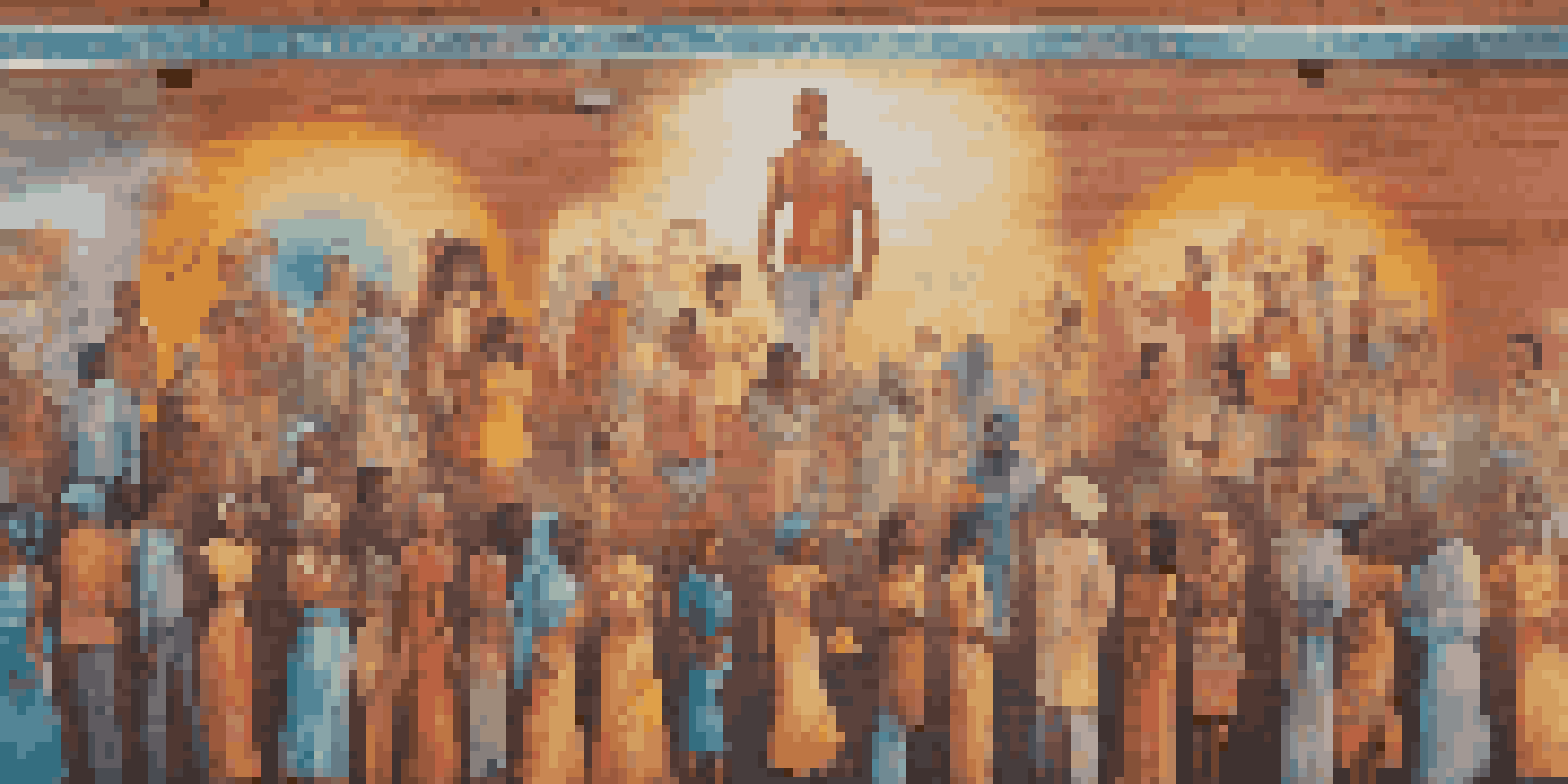 A colorful mural showcasing diverse social movement figures against a brick wall, with people admiring it in warm sunlight.
