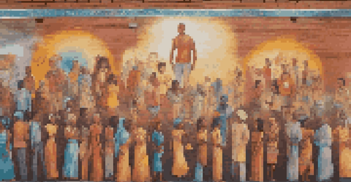 A colorful mural showcasing diverse social movement figures against a brick wall, with people admiring it in warm sunlight.