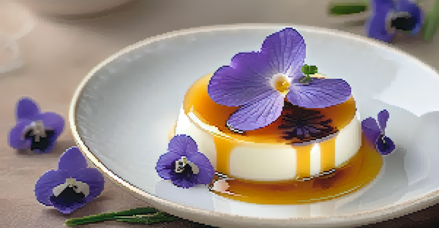 A lavender-infused panna cotta garnished with edible violets and honey on a white plate, with soft lighting creating a serene atmosphere.
