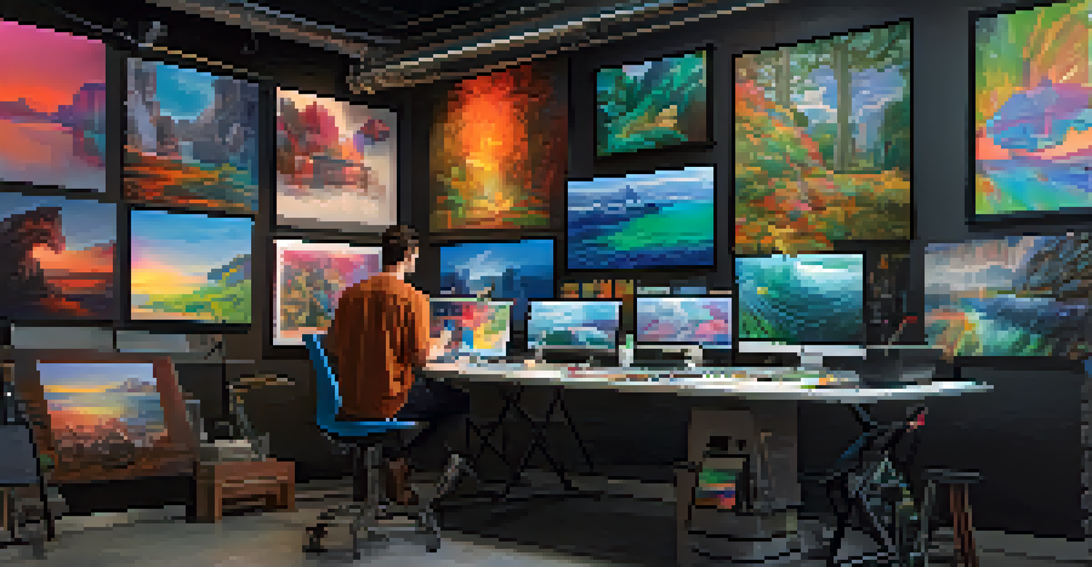 A digital art studio with an artist creating a digital painting surrounded by technology and colorful artworks on the walls.