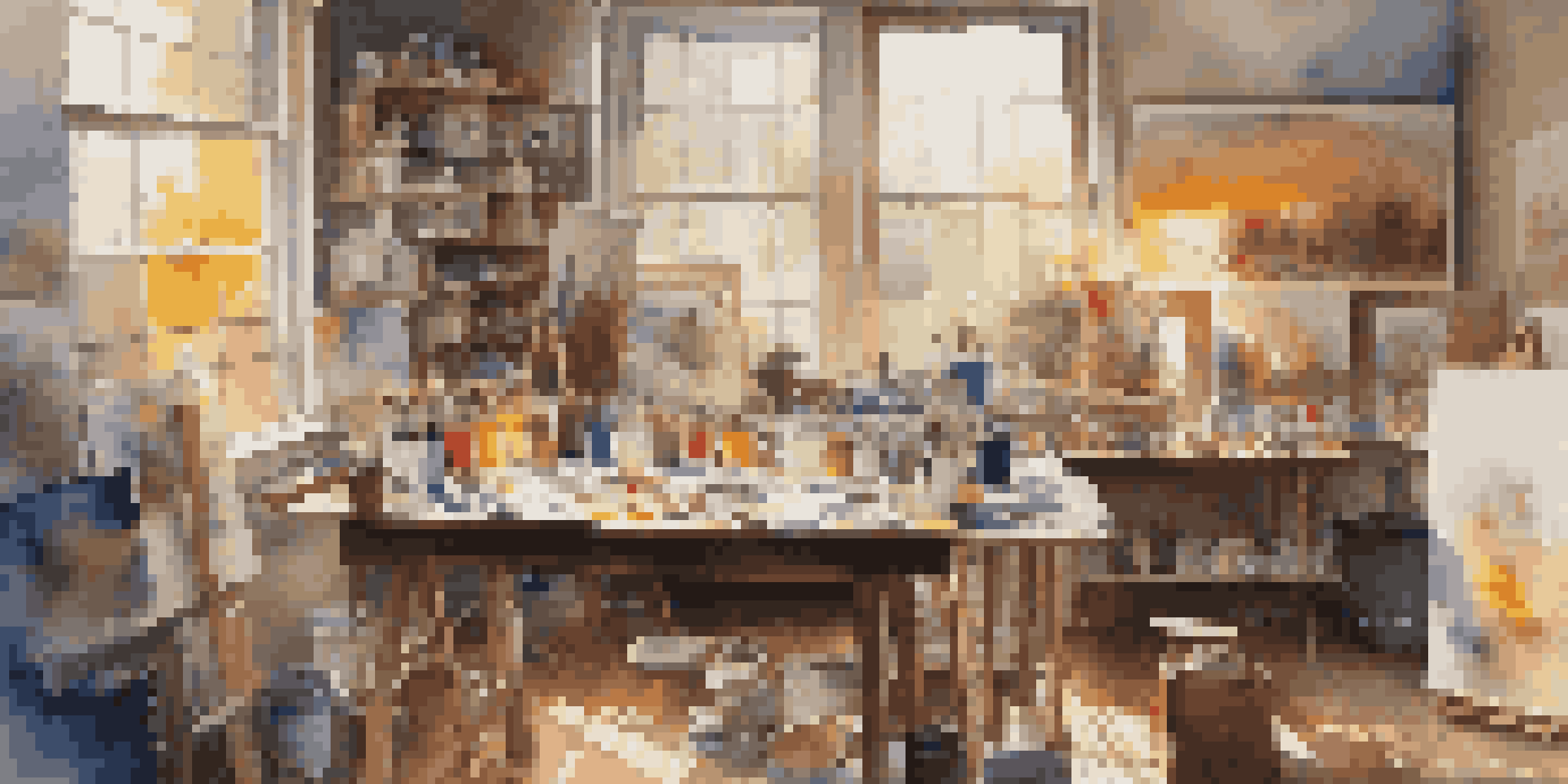 An artist's studio showcasing colorful artworks, with natural light illuminating the space and art supplies on a wooden table.