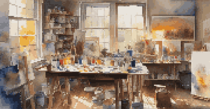 An artist's studio showcasing colorful artworks, with natural light illuminating the space and art supplies on a wooden table.