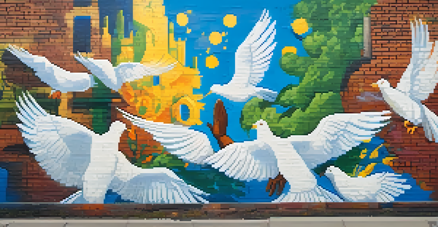 A colorful street mural depicting hands reaching out for peace and unity, surrounded by symbols of hope.