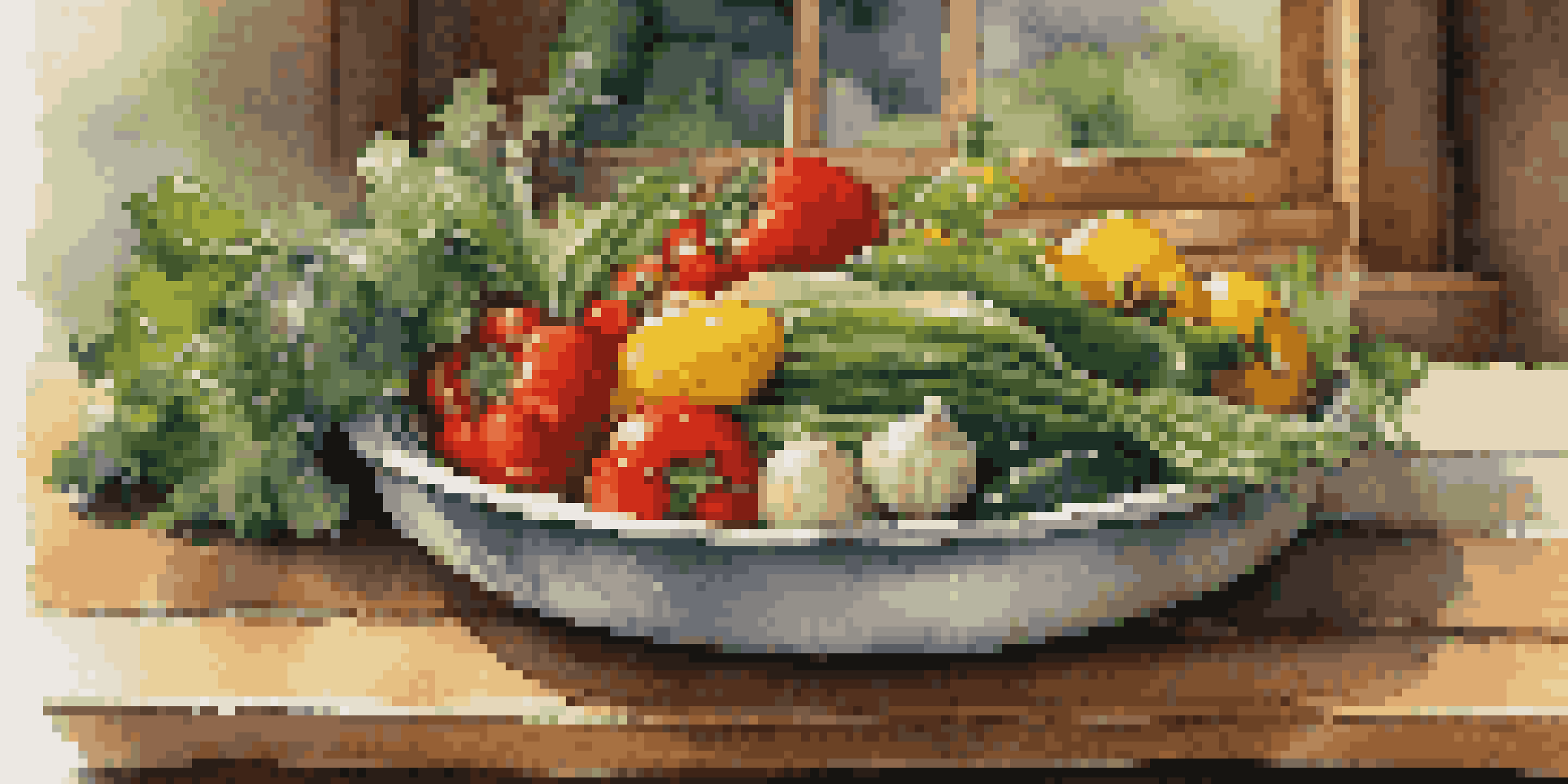 A colorful plate of seasonal vegetables artistically arranged on a wooden table, with natural light illuminating the scene.