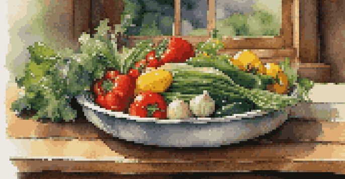 A colorful plate of seasonal vegetables artistically arranged on a wooden table, with natural light illuminating the scene.