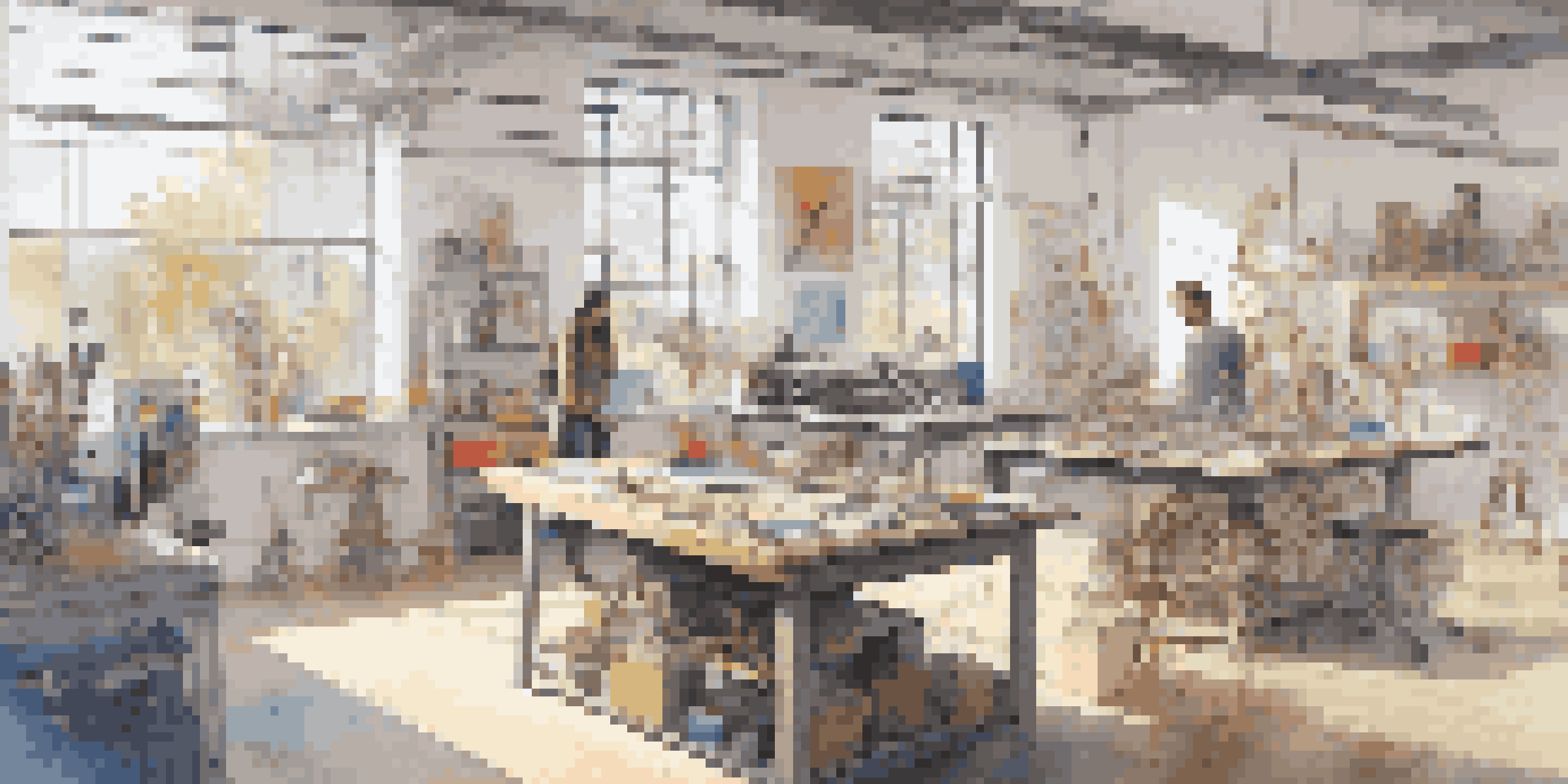 A contemporary art studio showcasing digital fabrication tools and colorful prototype sculptures, with artists collaborating and discussing designs.