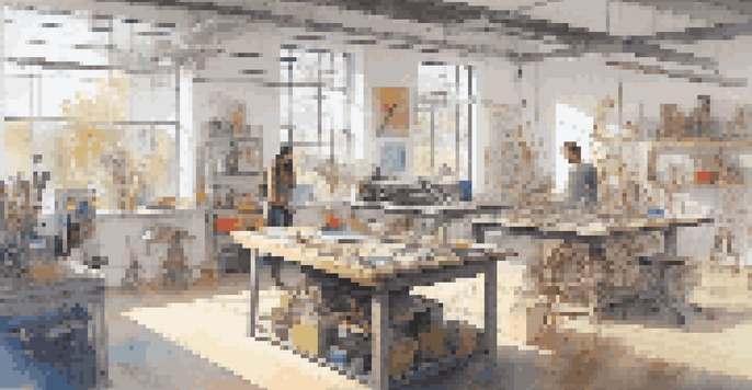 A contemporary art studio showcasing digital fabrication tools and colorful prototype sculptures, with artists collaborating and discussing designs.