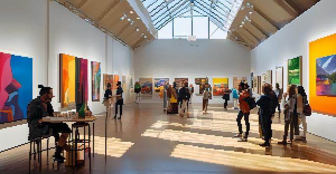 A lively art gallery filled with diverse people engaging with contemporary artworks under natural light.