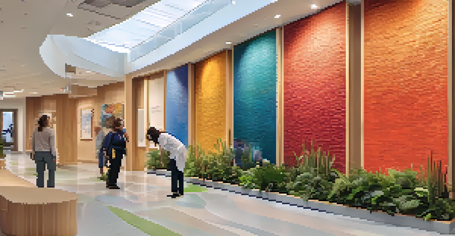 An interactive art installation in a healthcare facility where visitors touch colorful textured panels, surrounded by warm lighting and plants.
