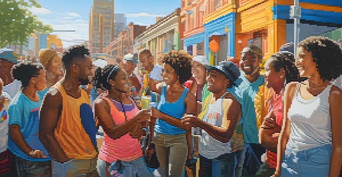 A colorful community mural showing diverse people working together on an art project in a lively urban setting.