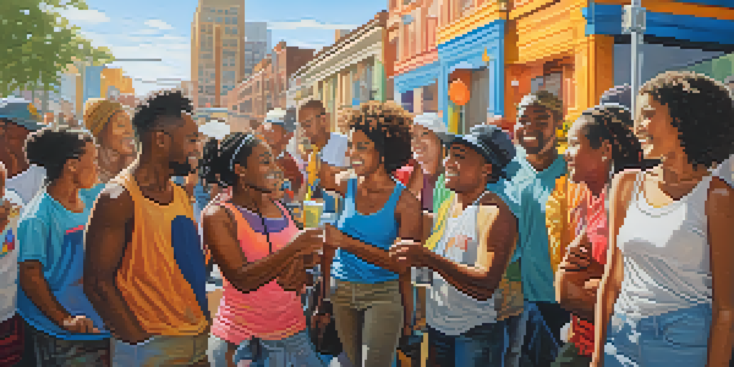 A colorful community mural showing diverse people working together on an art project in a lively urban setting.