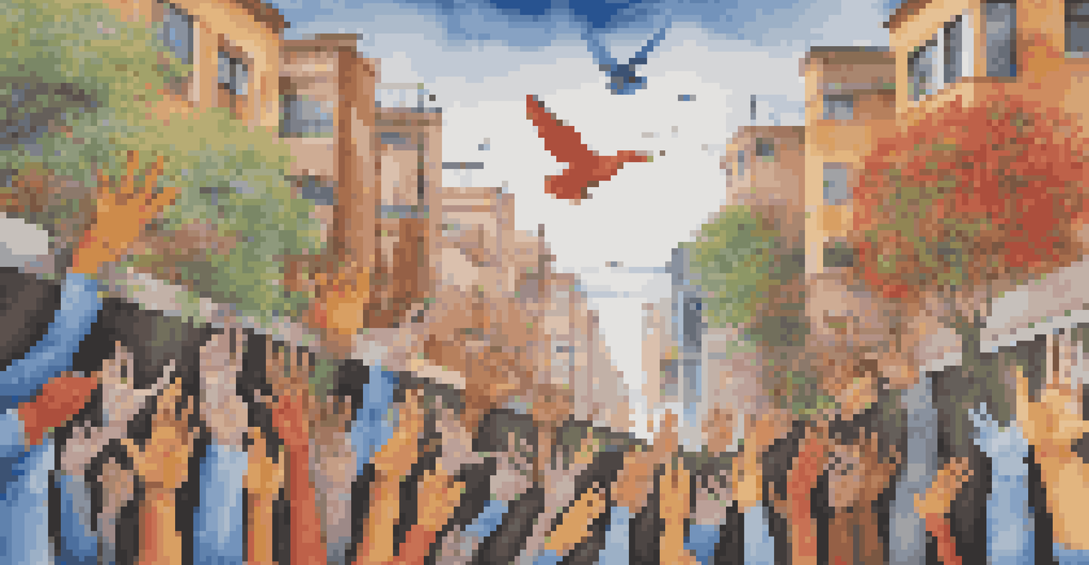 A large, colorful mural illustrating themes of unity and resilience, with diverse figures and symbols of hope in an urban environment.