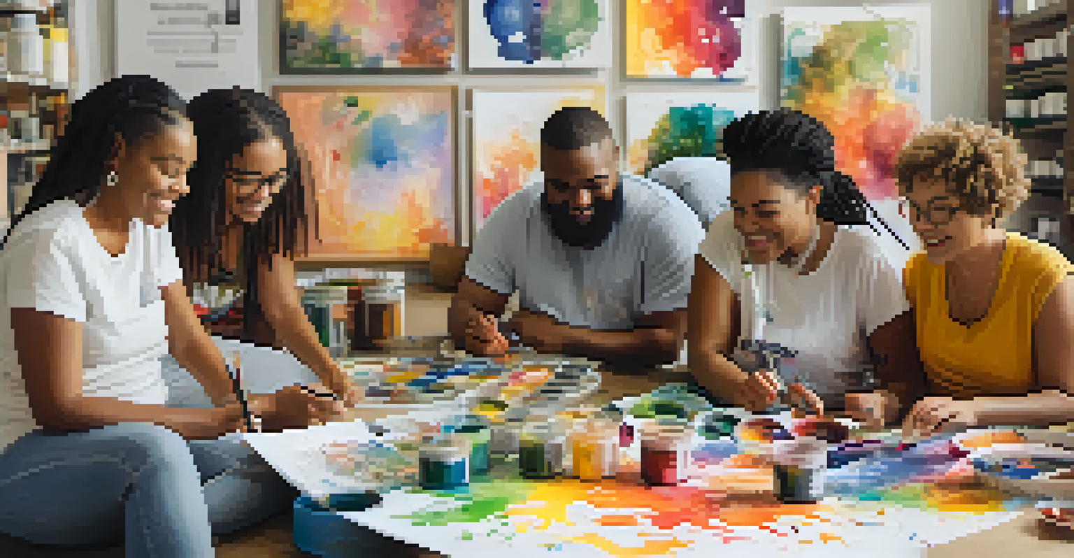 A diverse group of people participating in a community art workshop, creating collaborative artwork focused on mental health awareness.