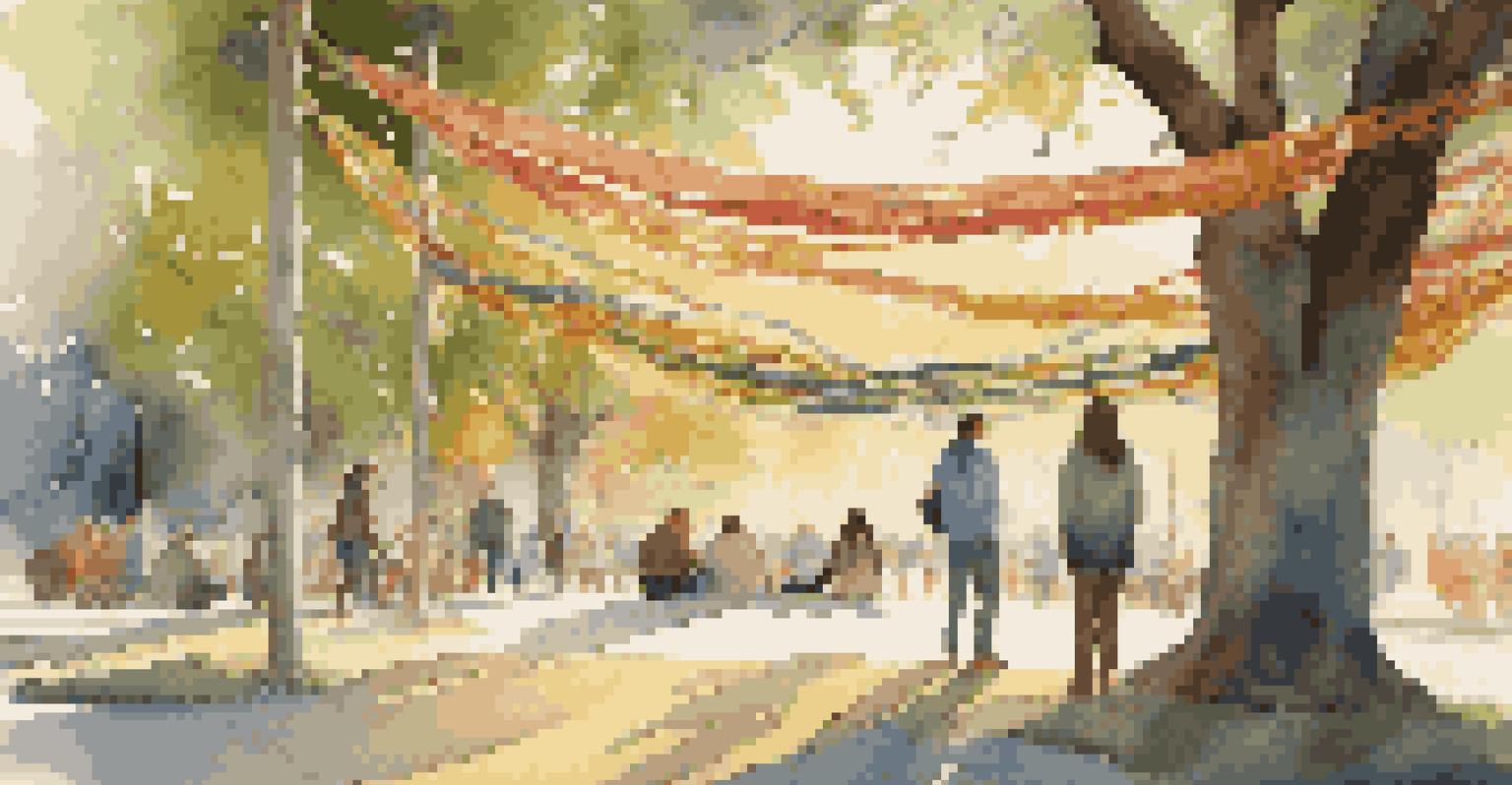 A natural art installation in a park made of woven branches and colorful fabrics, illuminated by warm golden hour light.