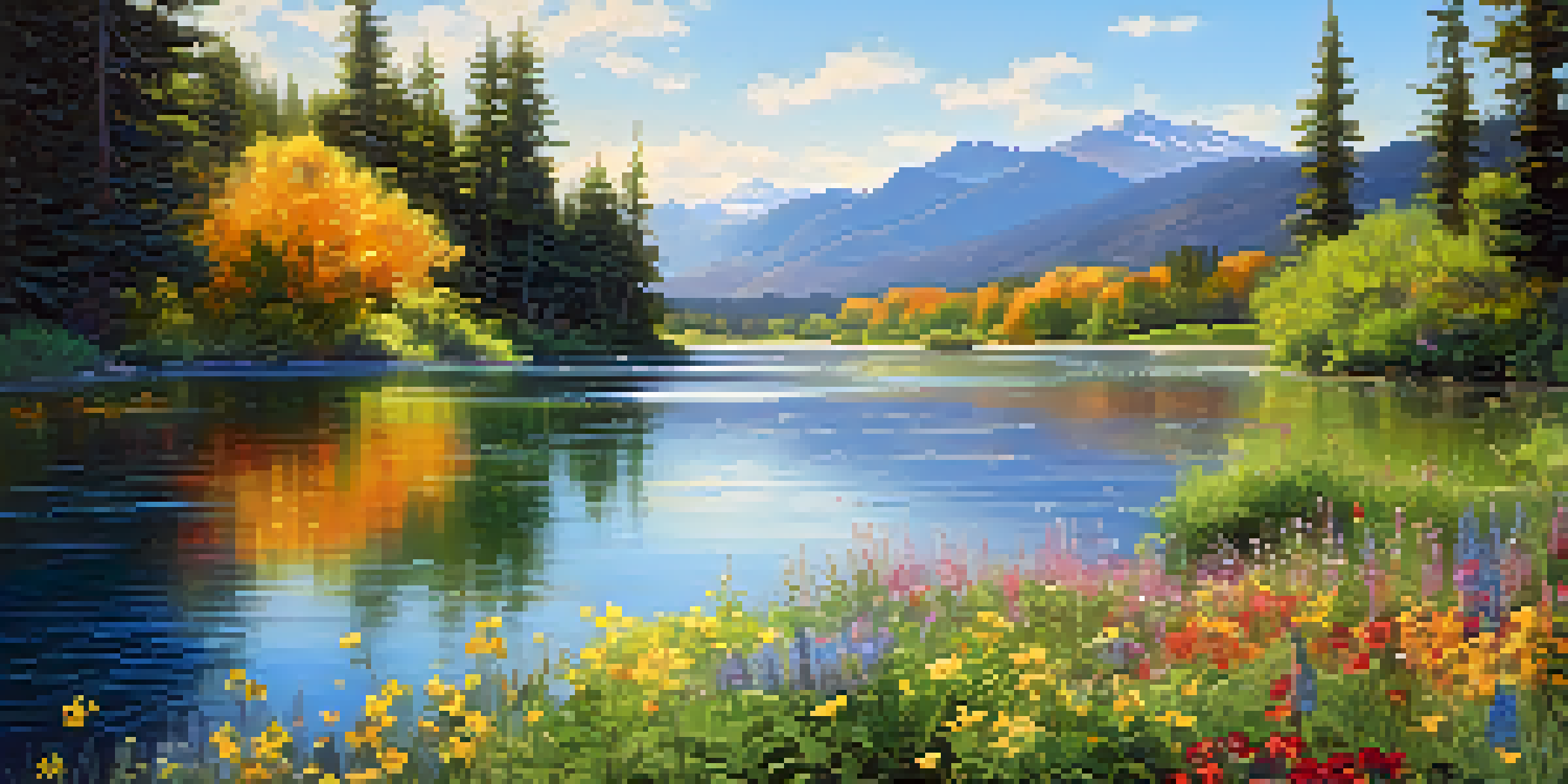 A peaceful river landscape with colorful flowers, sunlight filtering through trees, and distant mountains under a blue sky.