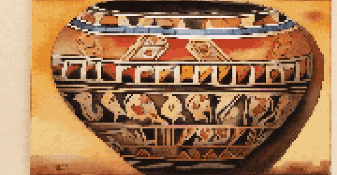 A beautifully crafted Hopi pottery piece with intricate geometric patterns, illuminated by warm sunlight against a rustic wooden backdrop.