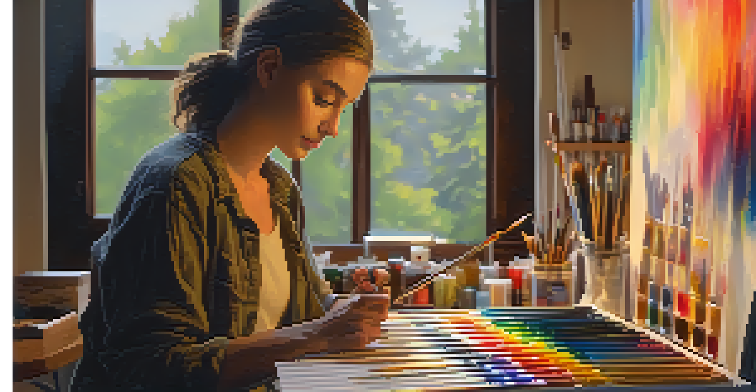 A local artist working on a painting in a warm and inviting studio filled with art supplies.