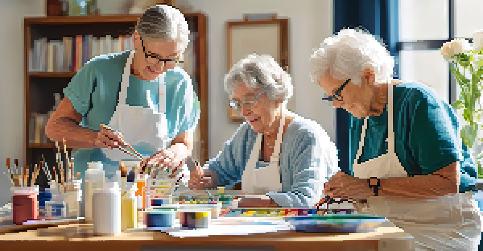 Seniors participating in an art therapy session, painting on canvases in a bright, sunny room with plants around.