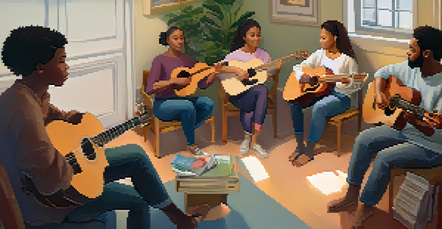 A music therapy group session with participants sharing songs in a cozy, intimate setting.