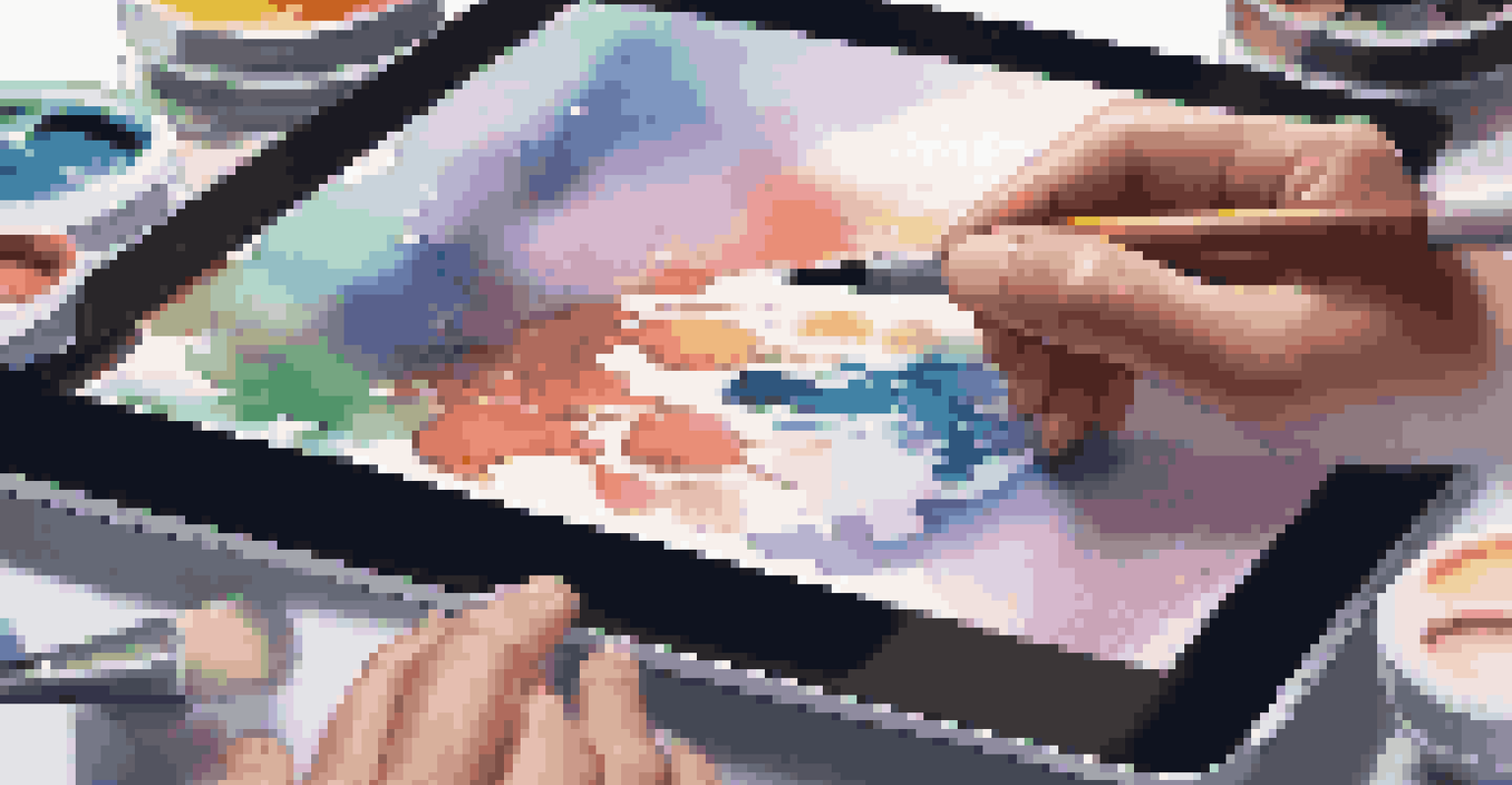 An artist's hands using a digital tablet to create artwork, surrounded by paints and brushes.