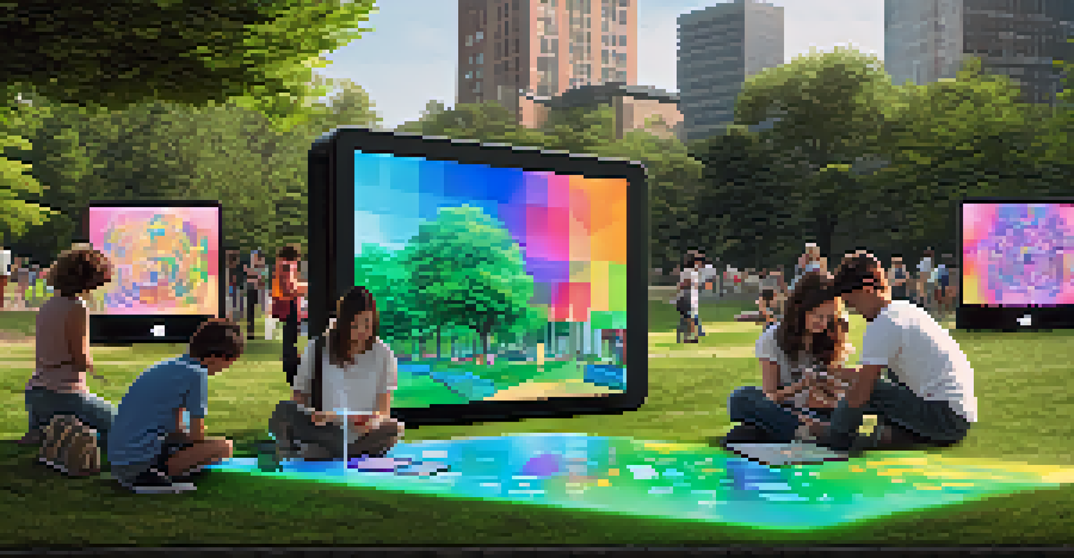 An interactive digital art installation in a park, with people using tablets to create a digital mural.