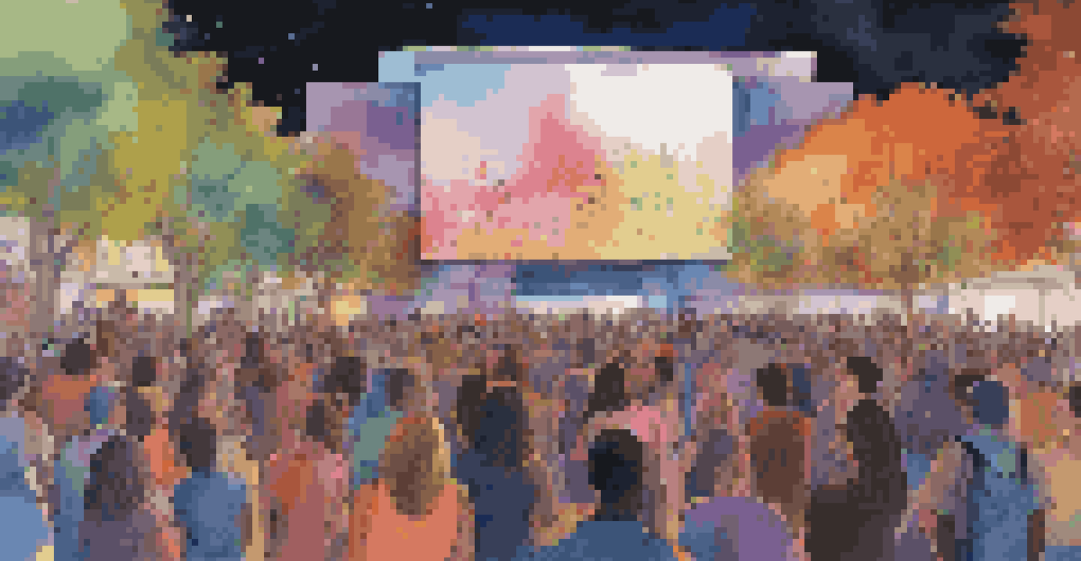 An outdoor performance art installation with large video screens and colorful lights, showcasing artists interacting with technology in front of an engaged audience.