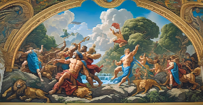 A colorful mural illustrating Hercules fighting a lion, surrounded by lush plants and a bright blue sky.