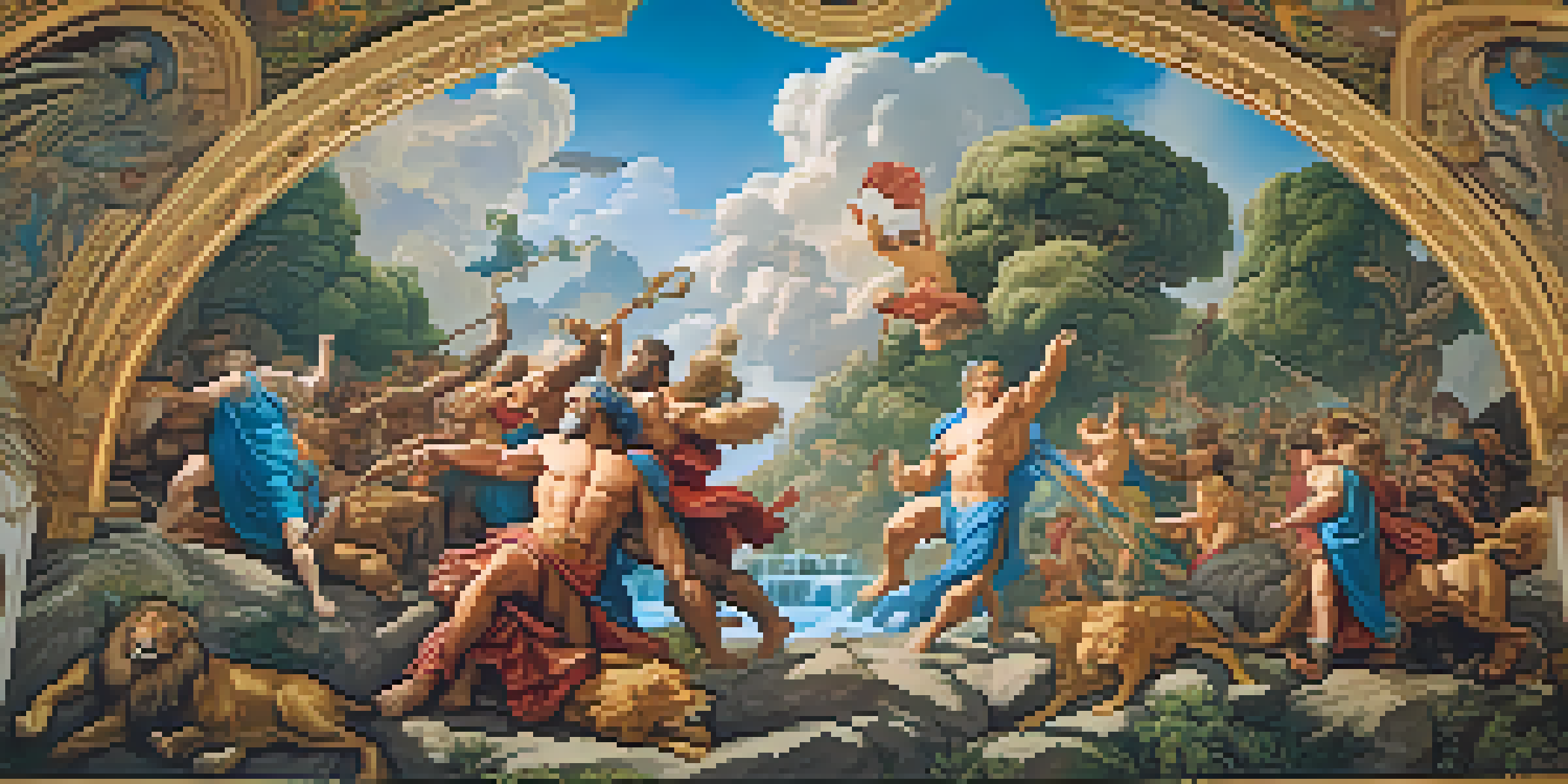 A colorful mural illustrating Hercules fighting a lion, surrounded by lush plants and a bright blue sky.