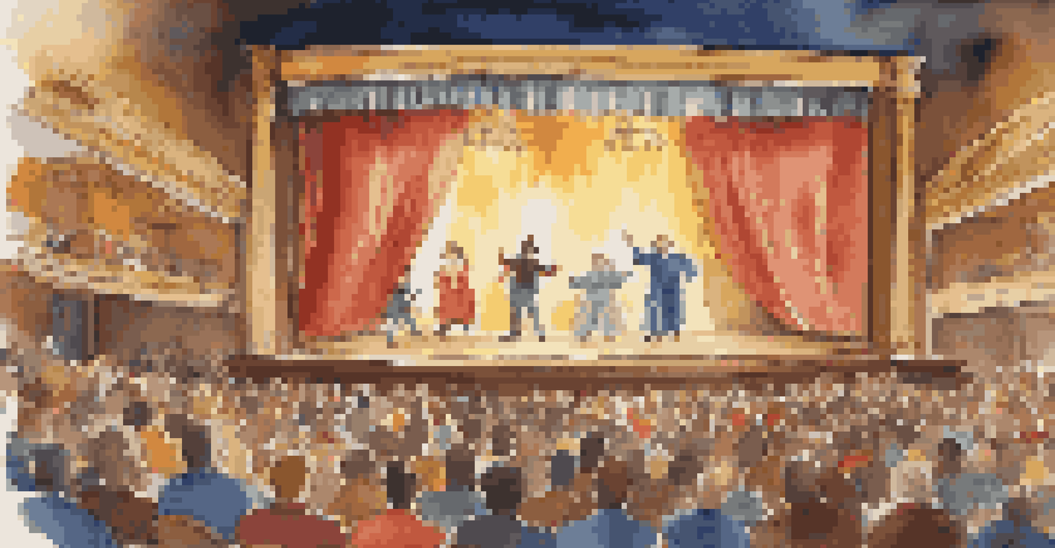 A community theater stage with actors in colorful costumes performing a comedy, while the audience enjoys the show.