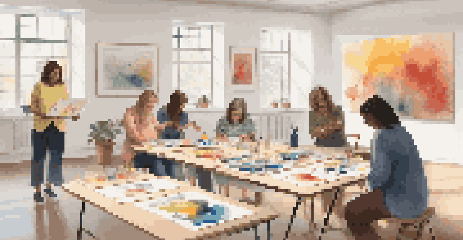 A therapist leading an art therapy session with individuals creating art in a bright room filled with natural light and completed artworks on the walls.
