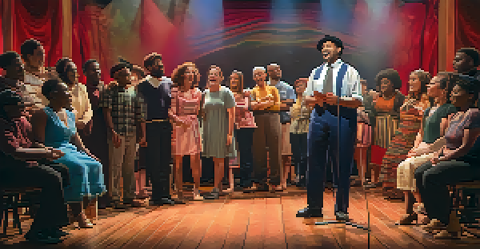 A community theater stage featuring a diverse group of actors performing passionately with colorful backdrops, warm lighting, and an engaged audience.