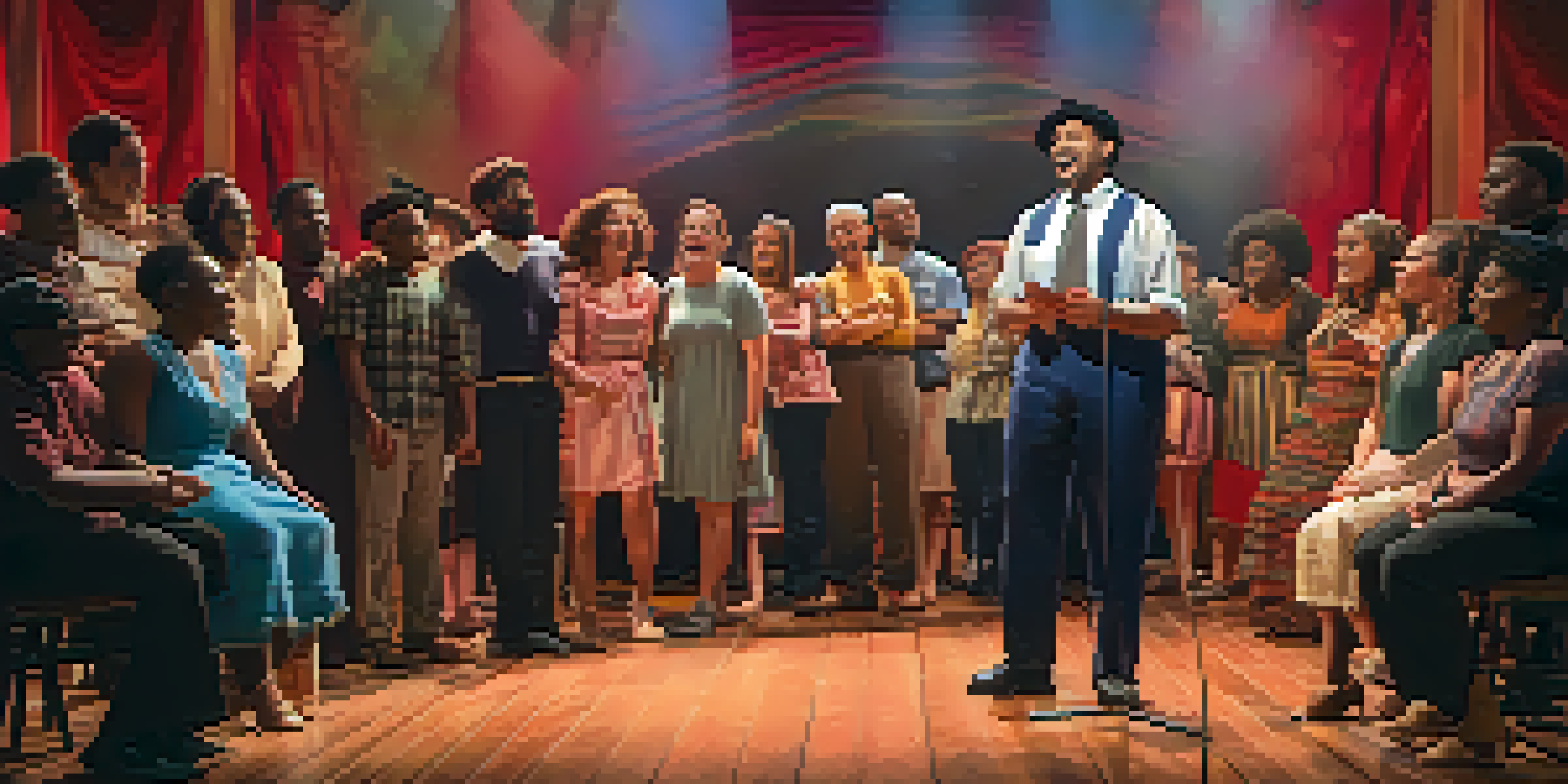A community theater stage featuring a diverse group of actors performing passionately with colorful backdrops, warm lighting, and an engaged audience.
