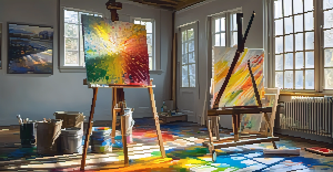 An artist's studio with colorful paint splatters, canvases, and sunlight streaming through a window.