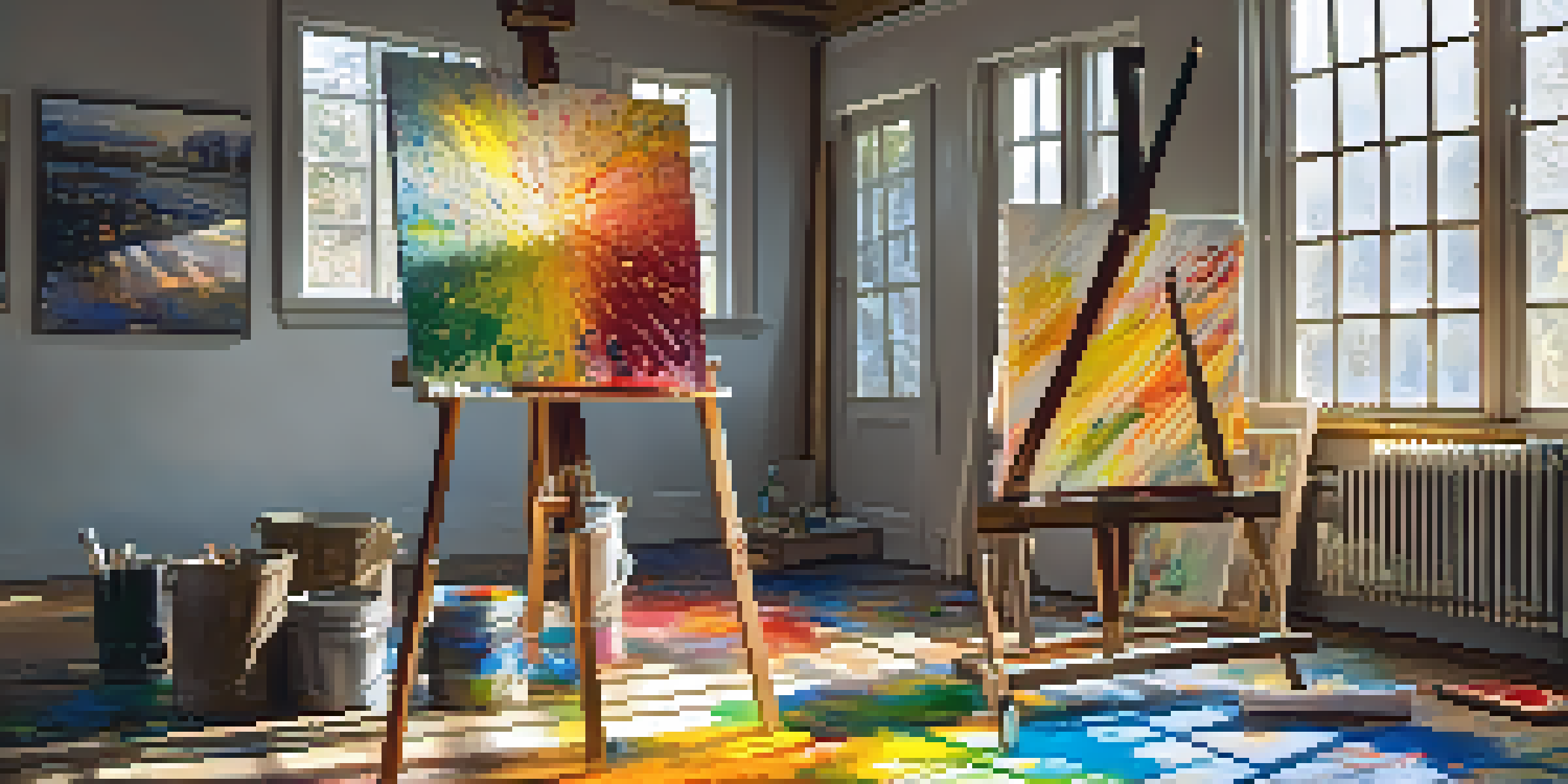 An artist's studio with colorful paint splatters, canvases, and sunlight streaming through a window.