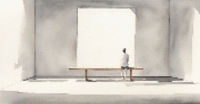A minimalist art installation with white walls and a solitary bench, emphasizing silence and reflection.