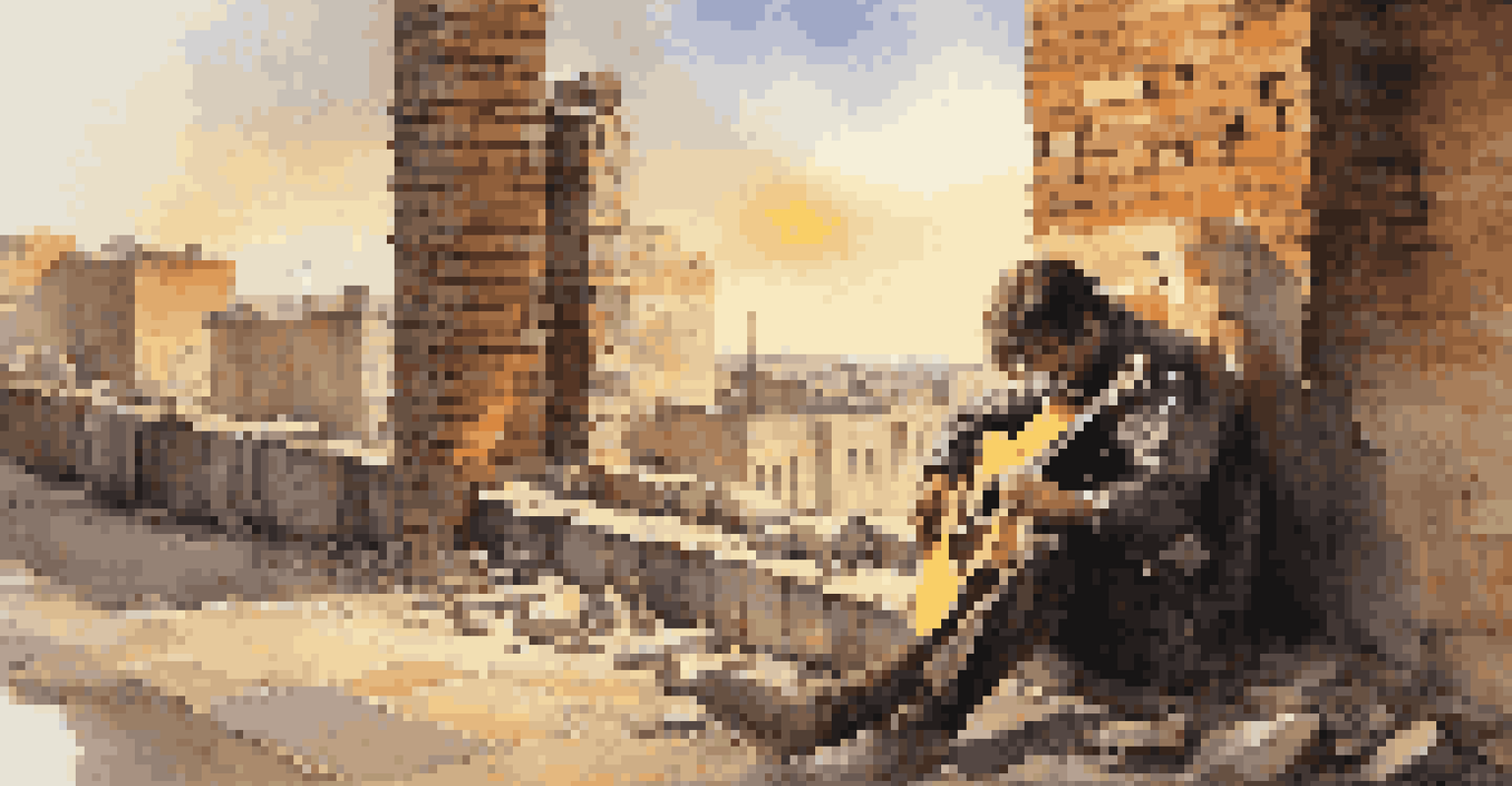 A musician plays a somber melody on an acoustic guitar, sitting on a ruined wall in a war-torn city during sunset, creating a reflective atmosphere.