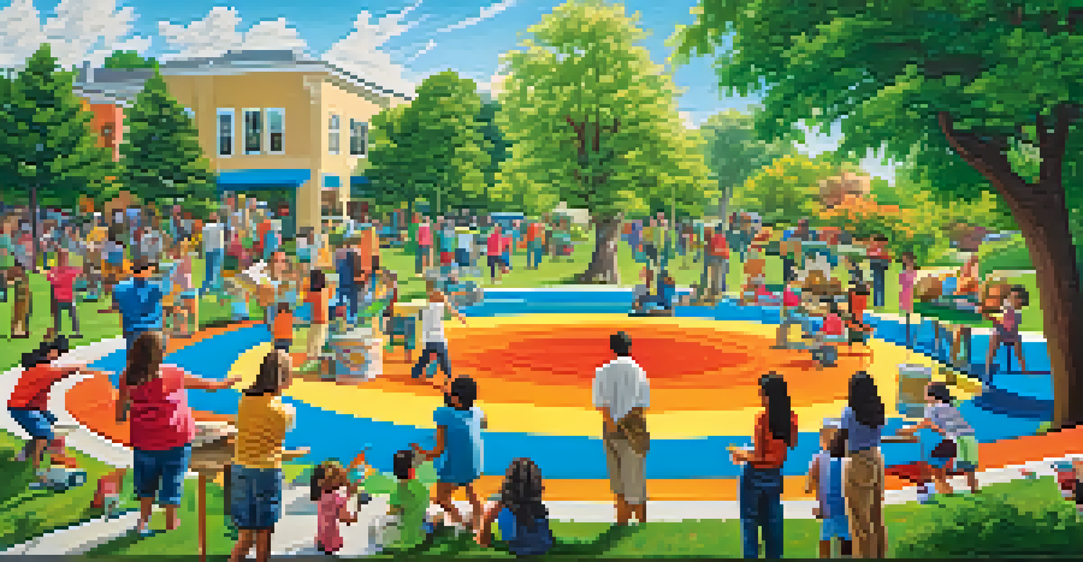 A lively outdoor community art program in a park, with people of all ages painting a large mural together, surrounded by trees and blue sky.