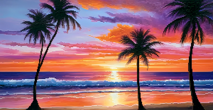 A colorful sunset over the ocean with palm trees in silhouette, reflecting a sense of peace and hope.