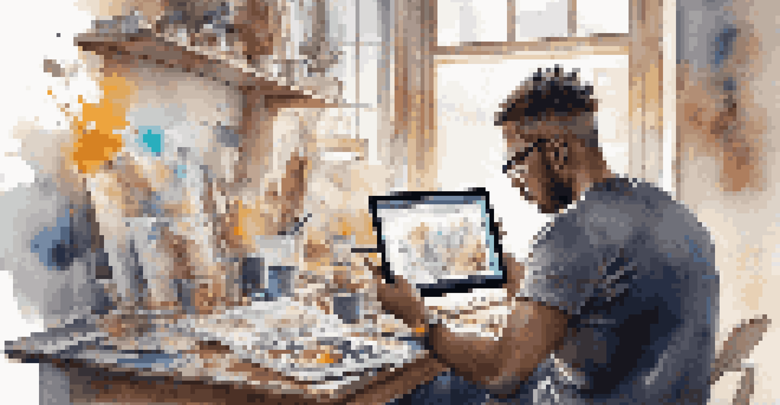 An artist creating on a digital tablet in a bright, creative workspace.