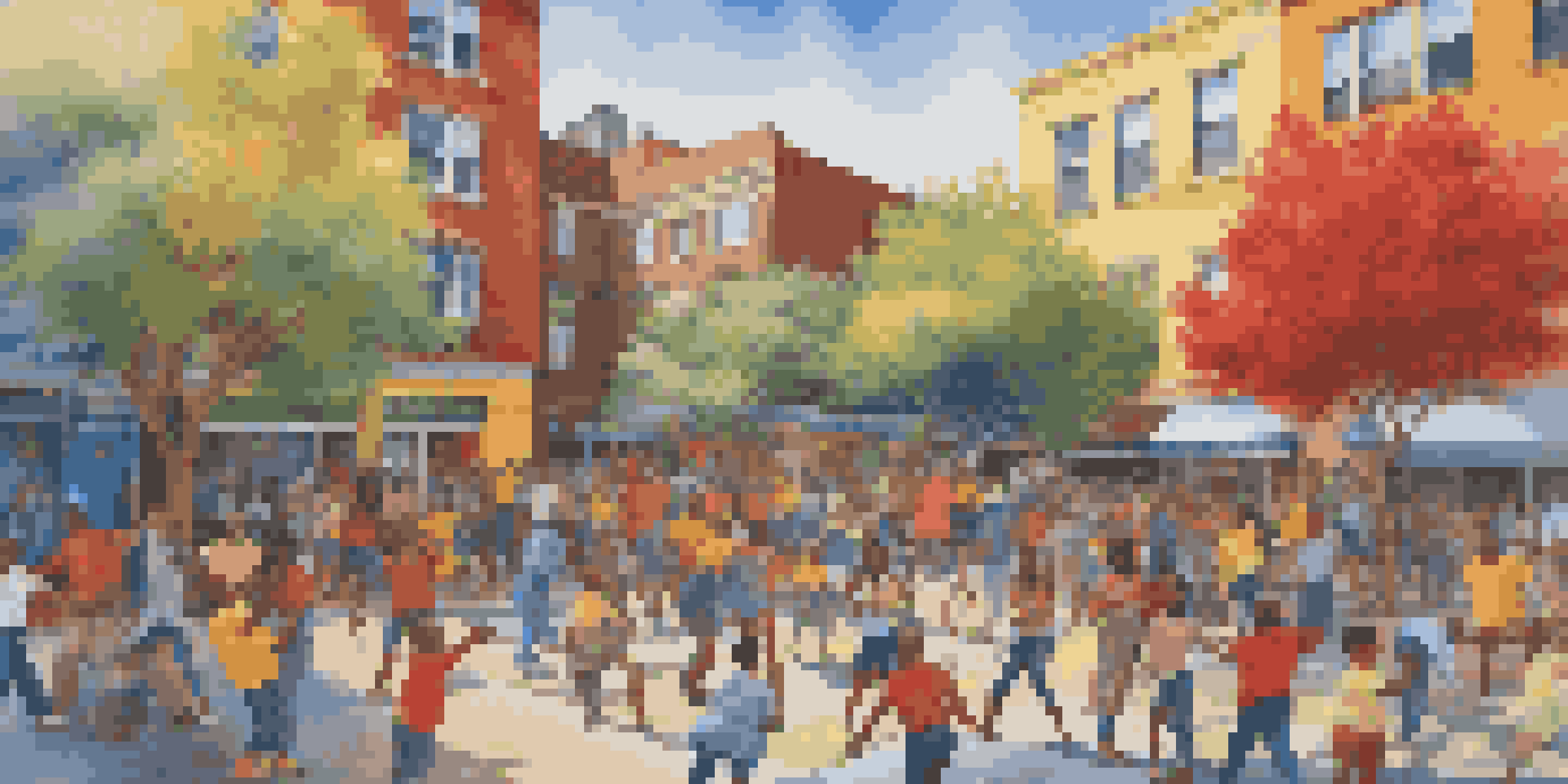 A colorful mural illustrating diverse people participating in artistic activities in a community setting.