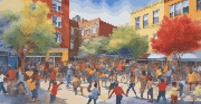 A colorful mural illustrating diverse people participating in artistic activities in a community setting.